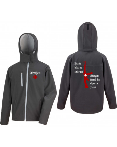 Bestickte Herren Softshell Kapuzenjacke (Heute tolerant morgen fremd im eigenen Land)