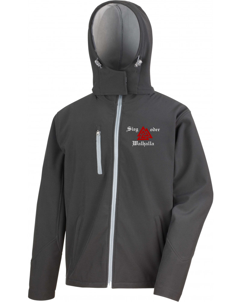 Bestickte Herren Softshell Kapuzenjacke (Sieg oder Walhalla)