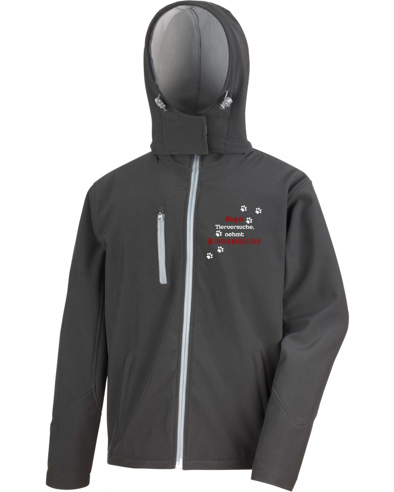 Bestickte Herren Softshell Kapuzenjacke (Stoppt Tierversuche, nehmt Kinderschänder)