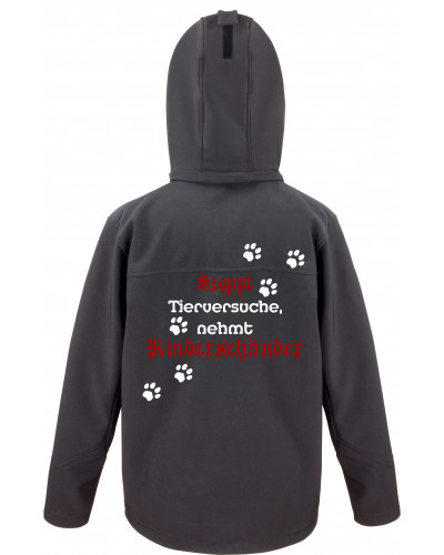 Bestickte Herren Softshell Kapuzenjacke (Stoppt Tierversuche, nehmt Kinderschänder)