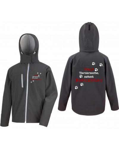 Bestickte Herren Softshell Kapuzenjacke (Stoppt Tierversuche, nehmt Kinderschänder)