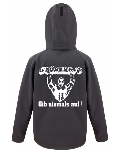 Bestickte Herren Softshell Kapuzenjacke (Störkraft gib niemals auf)