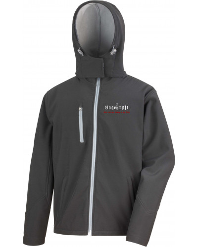 Bestickte Herren Softshell Kapuzenjacke (Ungeimpft, Steckt euch eure Impfung in den Arsch)