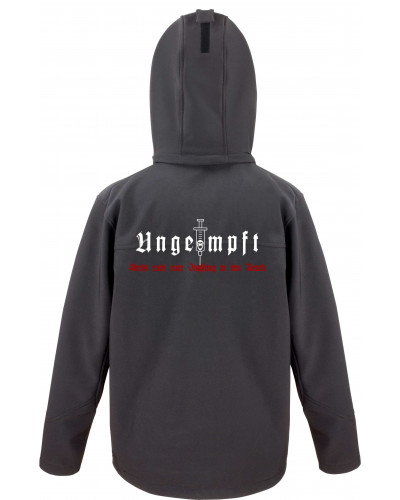 Bestickte Herren Softshell Kapuzenjacke (Ungeimpft, Steckt euch eure Impfung in den Arsch)