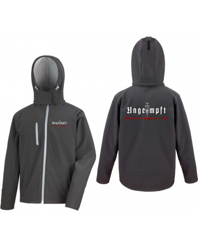 Bestickte Herren Softshell Kapuzenjacke (Ungeimpft, Steckt euch eure Impfung in den Arsch)