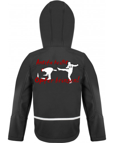 Bestickte Kinder Softshell Kapuzenjacke (Antifa heißt Opfer bringen)