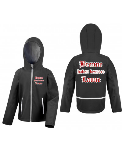 Bestickte Kinder Softshell Kapuzenjacke (Braune haben bessere laune)