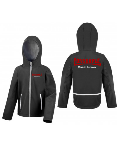 Bestickte Kinder Softshell Kapuzenjacke (Consdaple, made in Germany)