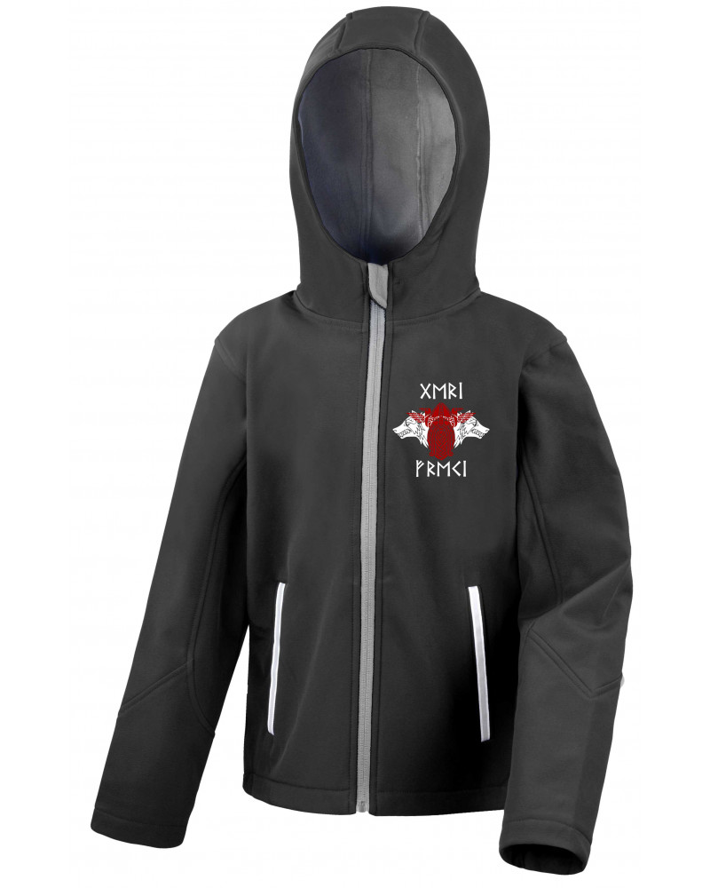 Bestickte Kinder Softshell Kapuzenjacke (Geri und Freki)