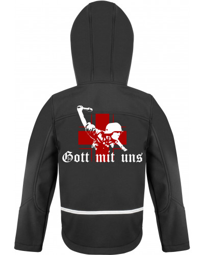 Bestickte Kinder Softshell Kapuzenjacke (Gott mit uns, Soldat)