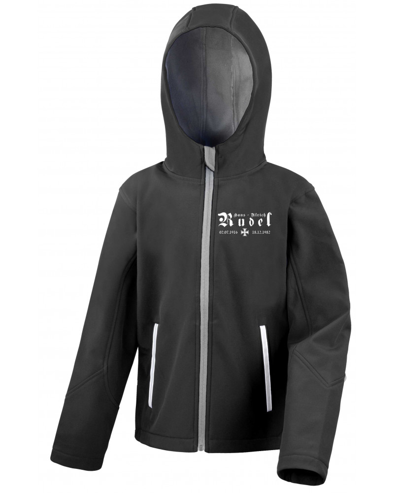 Bestickte Kinder Softshell Kapuzenjacke (Hans - Ulrich Rudel, Kreuz)