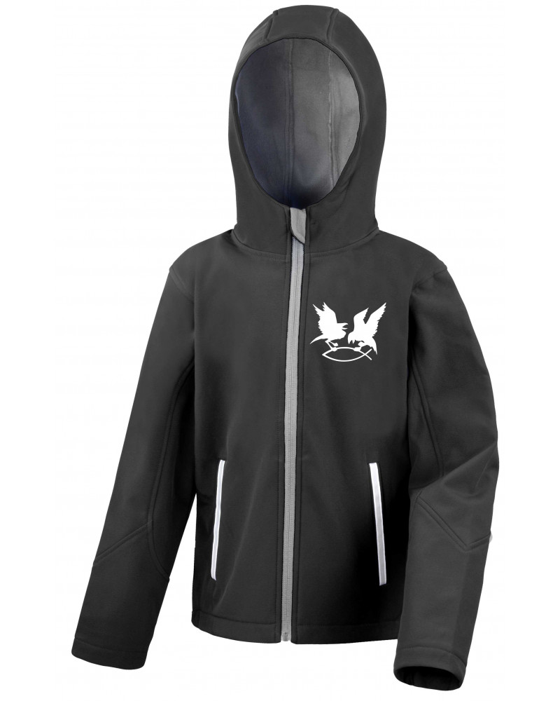 Bestickte Kinder Softshell Kapuzenjacke (Hugin Munin)