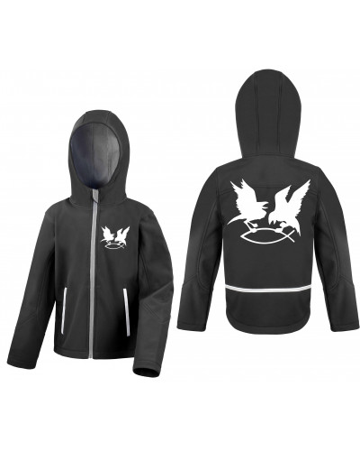 Bestickte Kinder Softshell Kapuzenjacke (Hugin Munin)