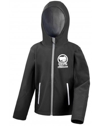 Bestickte Kinder Softshell Kapuzenjacke (Komm zur Revolution)
