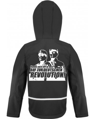 Bestickte Kinder Softshell Kapuzenjacke (Komm zur Revolution)