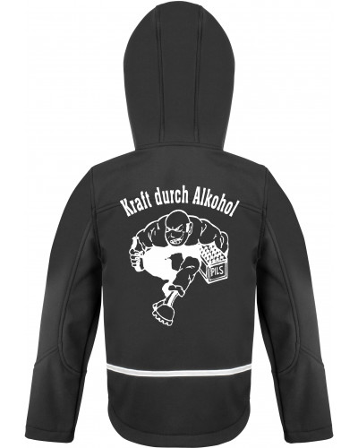 Bestickte Kinder Softshell Kapuzenjacke (Kraft durch Alkohol)