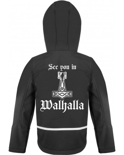 Bestickte Kinder Softshell Kapuzenjacke (See you in Walhalla Thorhammer)