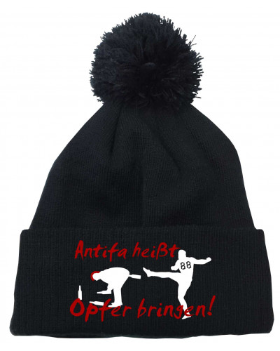 Bestickte Strickmütze "Frigg" (Antifa heißt Opfer bringen)