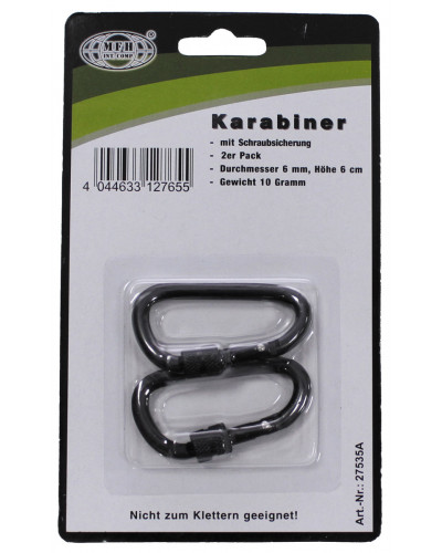 Karabiner, Schraubverschluss,D 6mm x 6cm, 2er Pack,schwarz