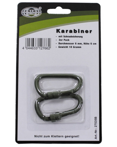 Karabiner, Schraubverschluss,D 6 mm x 6 cm, 2er Pack, oliv