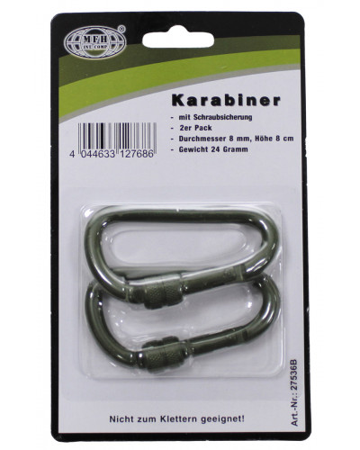 Karabiner, Schraubverschluss,D 8 mm x 8 cm, 2er Pack, oliv