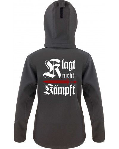 Bestickte Damen Softshell Kapuzenjacke (Klagt nicht kämpft, Schwert)