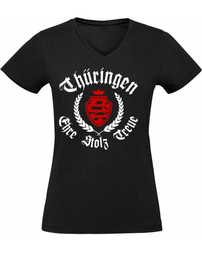 Damen V-Ausschnitt T-Shirt (Thüringen, ehre stolz treue)