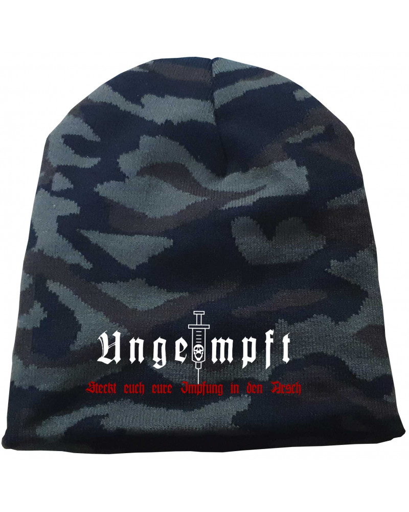 Bestickter Beanie "Camo" (Ungeimpft, Steckt euch eure Impfung in den Arsch)