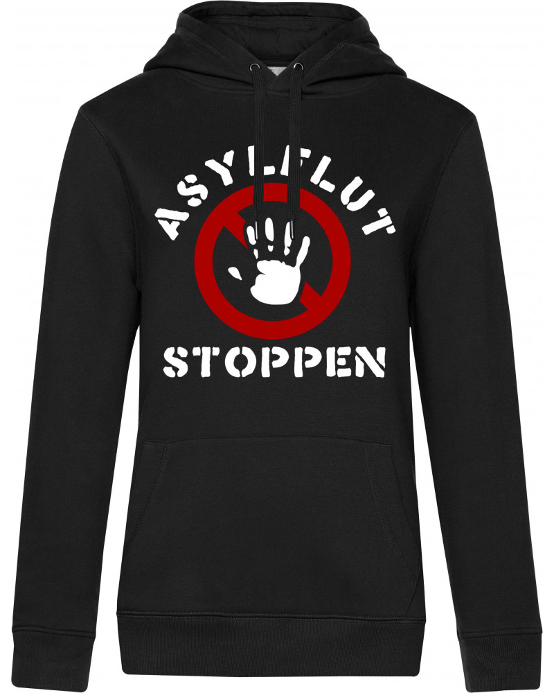 Damen Kapuzen-Pullover (Asylflut stoppen)