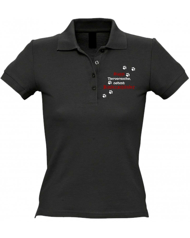 Besticktes Damen Poloshirt (Stoppt Tierversuche, nehmt Kinderschänder)