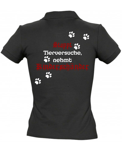 Besticktes Damen Poloshirt (Stoppt Tierversuche, nehmt Kinderschänder)
