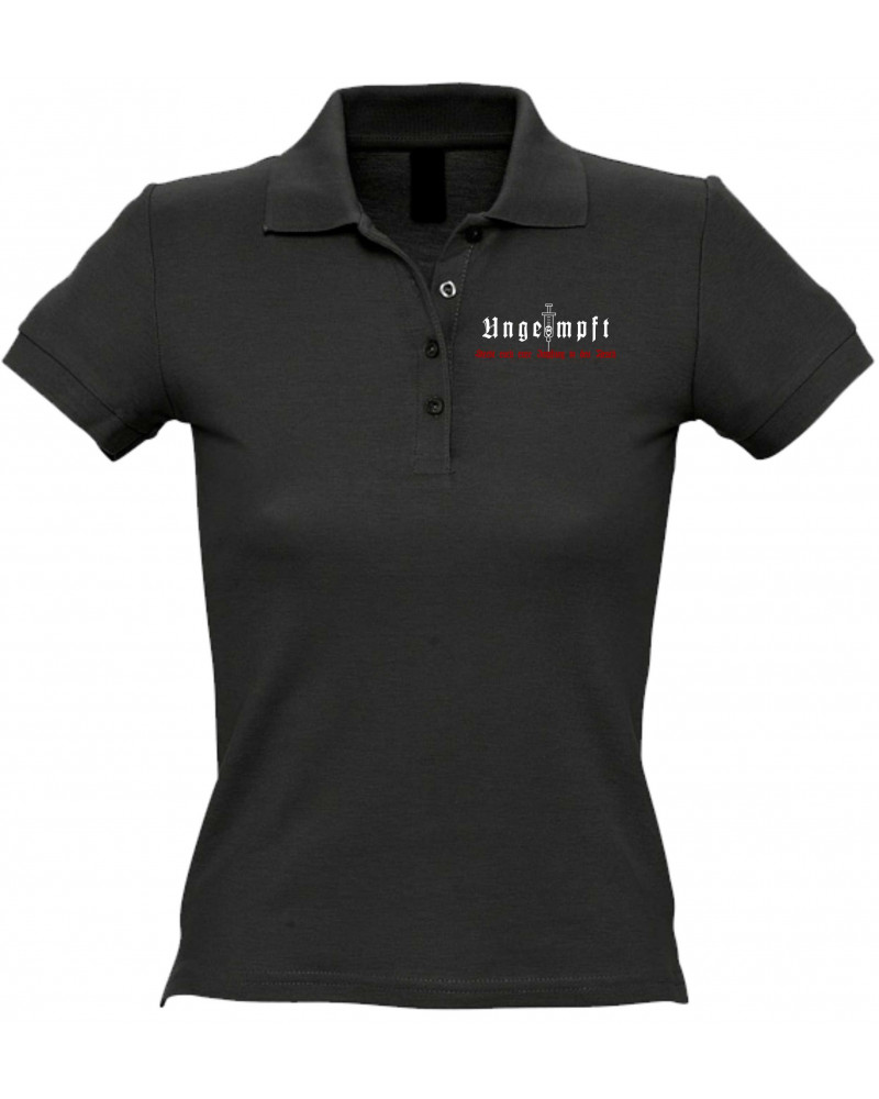 Besticktes Damen Poloshirt (Ungeimpft, Steckt euch eure Impfung in den Arsch)