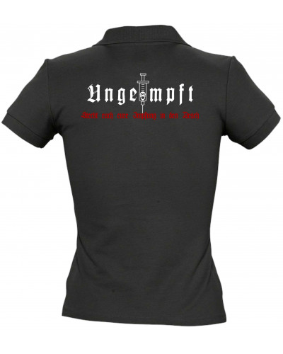 Besticktes Damen Poloshirt (Ungeimpft, Steckt euch eure Impfung in den Arsch)