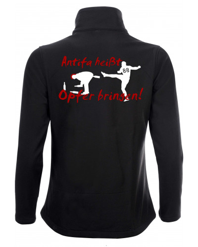 Bestickte Damen Softshell Jacke "2 Lagen" (Antifa heißt Opfer bringen)