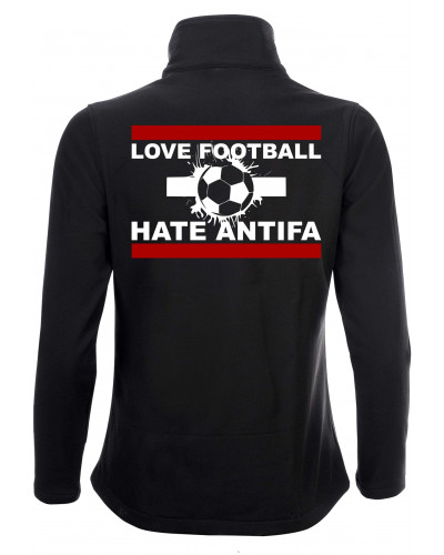 Bestickte Damen Softshell Jacke "2 Lagen" (Love Football hate Antifa)
