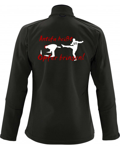 Bestickte Damen Softshell Jacke "3 Lagen" (Antifa heißt Opfer bringen)
