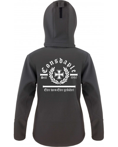 Bestickte Damen Softshell Kapuzenjacke (Consdaple, Ehre wem Ehre gebührt)