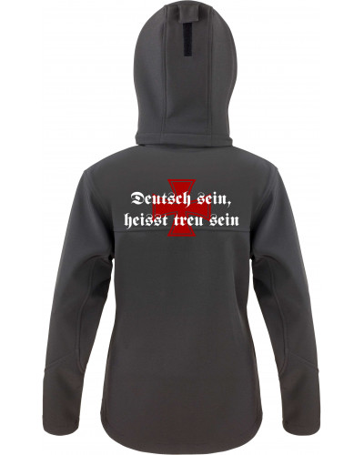 Bestickte Damen Softshell Kapuzenjacke (Deutsch sein, heißt treu sein)