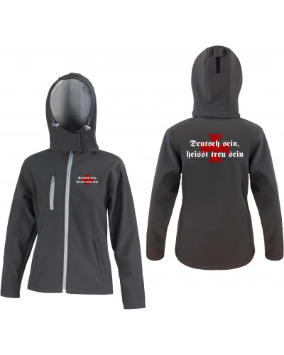 Bestickte Damen Softshell Kapuzenjacke (Deutsch sein, heißt treu sein)