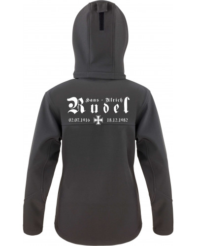 Bestickte Damen Softshell Kapuzenjacke (Hans - Ulrich Rudel, Kreuz)