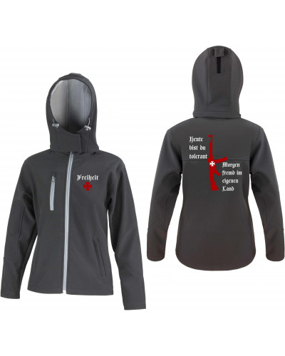 Bestickte Damen Softshell Kapuzenjacke (Heute tolerant morgen fremd im eigenen Land)