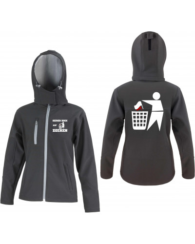 Bestickte Damen Softshell Kapuzenjacke (Keinen Bock auf Zecken)