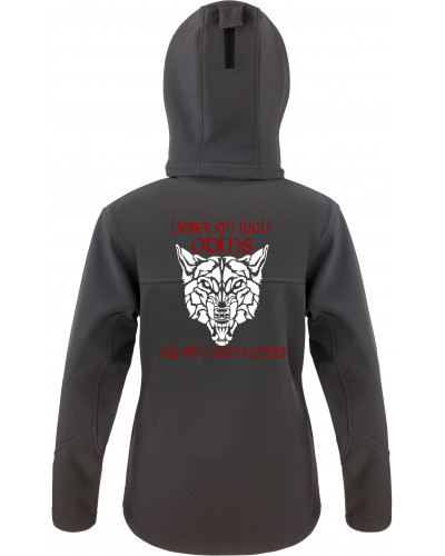 Bestickte Damen Softshell Kapuzenjacke (Lieber ein Wolf Odins als ein Lamm Gottes)
