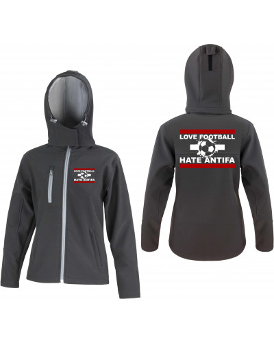 Bestickte Damen Softshell Kapuzenjacke (Love Football hate Antifa)