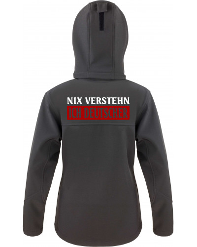 Bestickte Damen Softshell Kapuzenjacke (Nix verstehen, ich deutscher)
