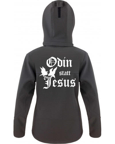 Bestickte Damen Softshell Kapuzenjacke (Odin statt Jesus)