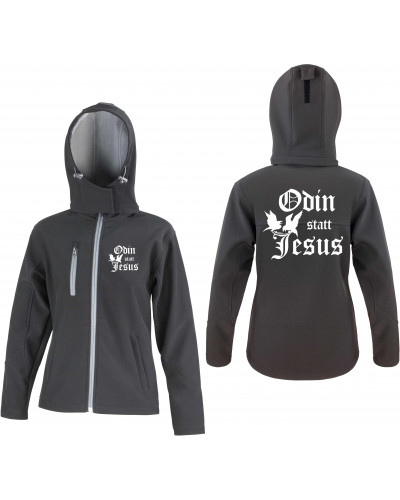 Bestickte Damen Softshell Kapuzenjacke (Odin statt Jesus)