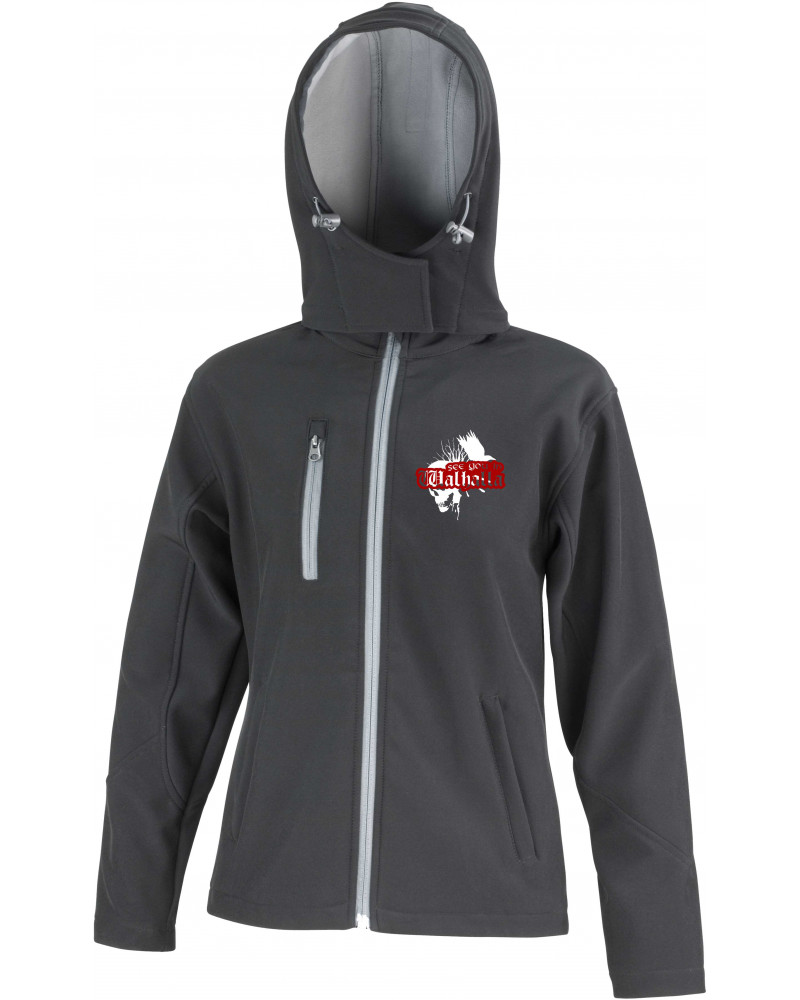 Bestickte Damen Softshell Kapuzenjacke (See you in Walhalla, Totenkopf)