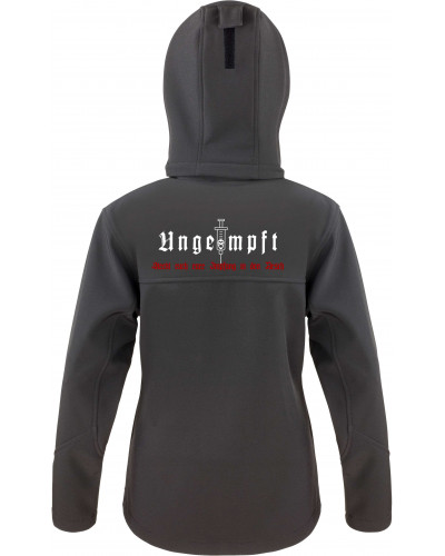 Bestickte Damen Softshell Kapuzenjacke (Ungeimpft, Steckt euch eure Impfung in den Arsch)