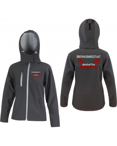 Bestickte Damen Softshell Kapuzenjacke (Überwachungsstaat abschaffen)